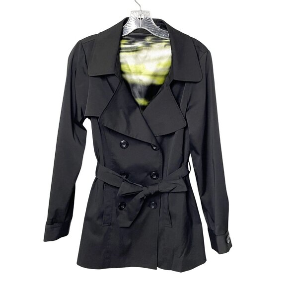 VERTIGO PARIS Trench Coat Black Double-Breasted Button-Down Jacket Belted Sz S - Picture 1 of 6